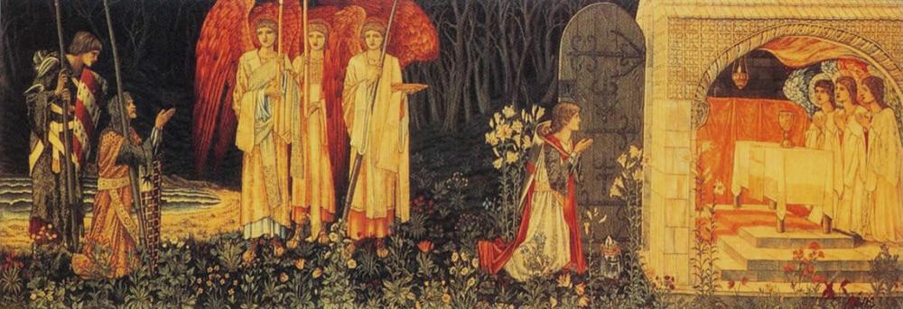 The Achievement of the Grail by British Artist Sir Edward Burn-Jones design, William Morris execution and John Henry Dearle flowers and decorations, from the Holy Grail tapestries 1891-94, Museum and Art Gallery of Birmingham, wool and silk on cotton warp.