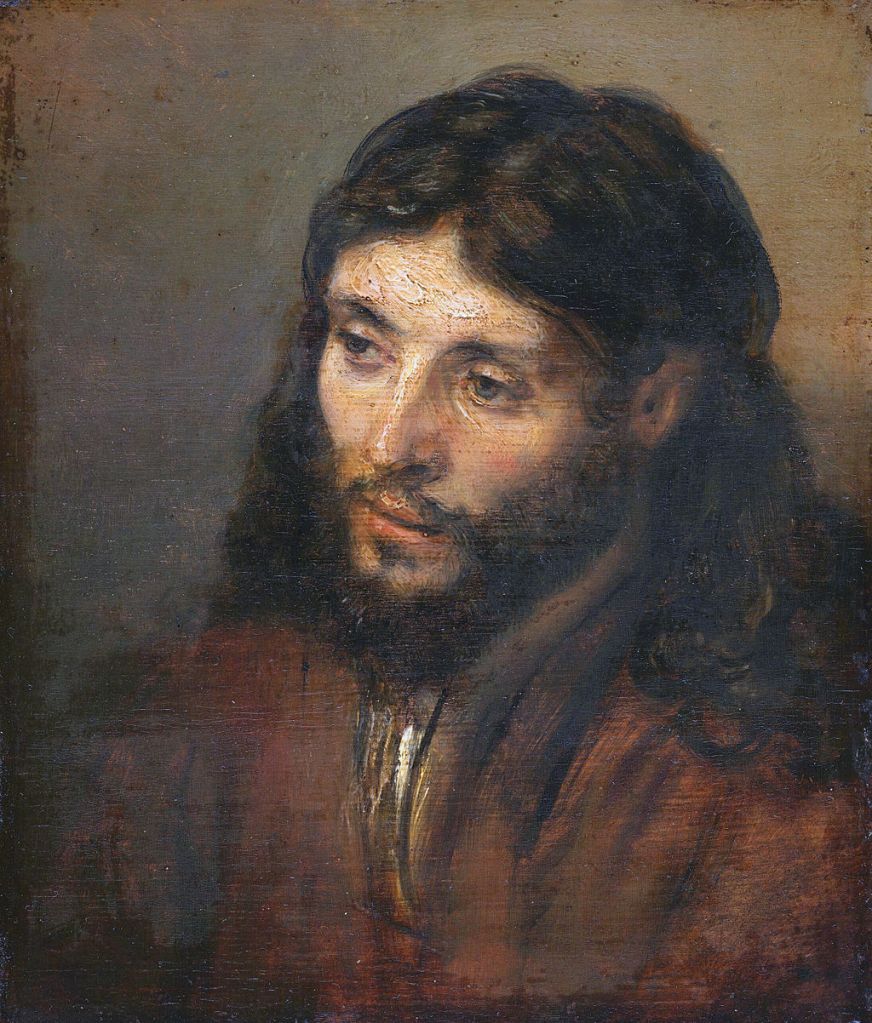 Head of Christ, Rembrandt, circa 1648, oil on panel, 9.8 x 8.5 inches. Gemaldegalerie, Berlin. image source